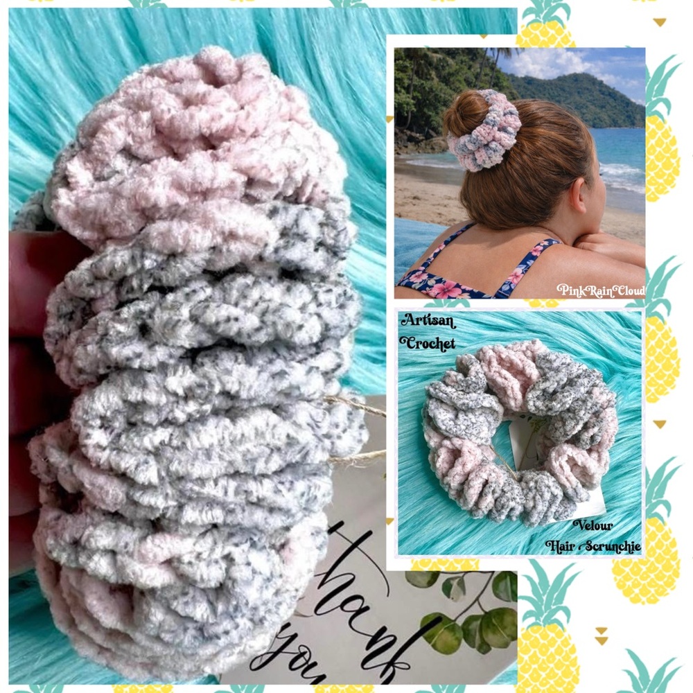 Handmade VELVET Dusty Rose Crochet Scrunchie Stretchy Hair Tie PinkRainCloud